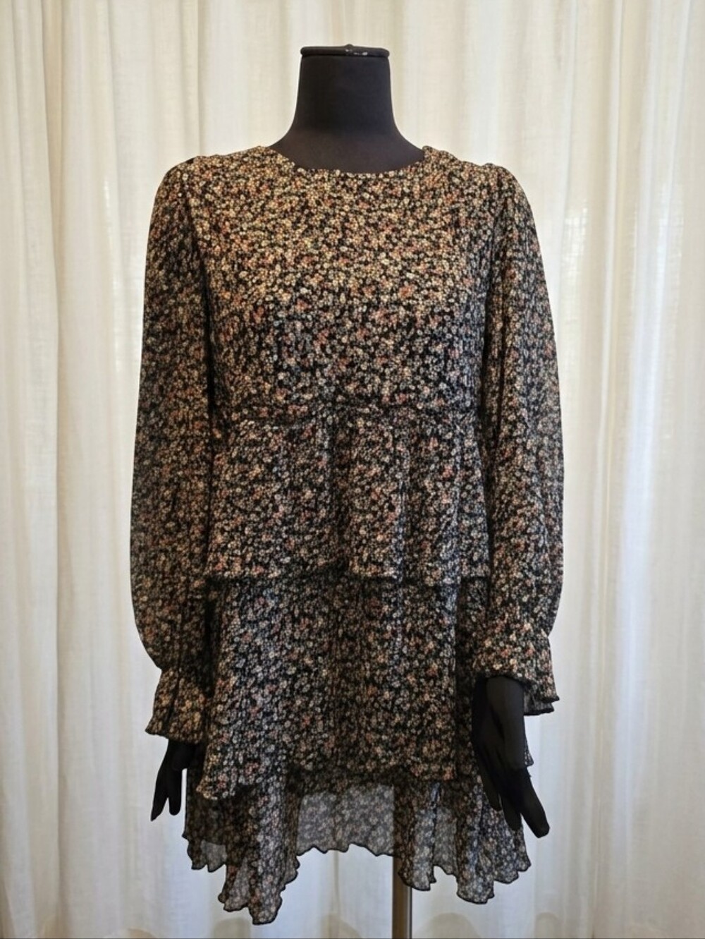 Hayden Black Floral Tiered Long-Sleeve Mini Dress